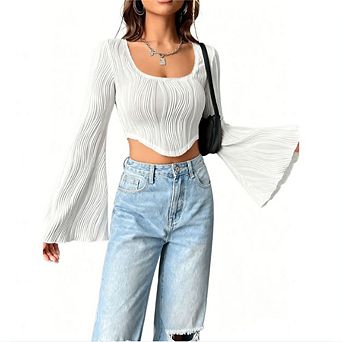 Women's Square Neck Flare Sleeve Crop Top Textured Long Sleeve Slim Fit T-Shirt