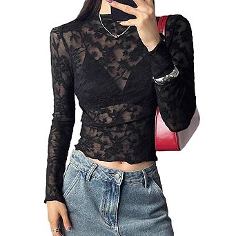 Women's Sheer Lace Mock Neck Top Long Sleeve Form Fitting See-Through Blouse