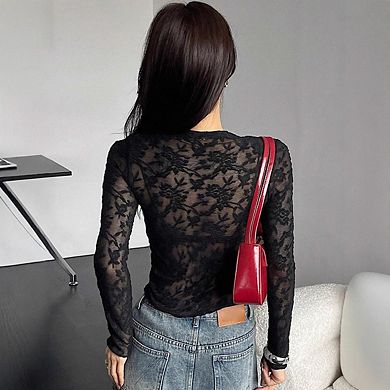 Women's Sheer Lace Mock Neck Top Long Sleeve Form Fitting See-Through Blouse
