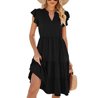 Boho Tiered Flowy Midi Dress Women Summer V Neck Ruffle Sleeve Casual Beach Vacation Sundress