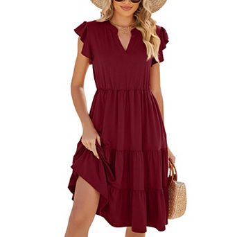Boho Tiered Flowy Midi Dress Women Summer V Neck Ruffle Sleeve Casual Beach Vacation Sundress