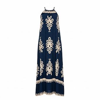 Boho Ethnic Floral Maxi Dress Women Halter Backless High Slit Tie Casual Summer Sundress
