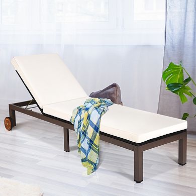 Costway Patio Rattan Lounge Chair Chaise Recliner Back Adjustable Cushioned W/Wheels