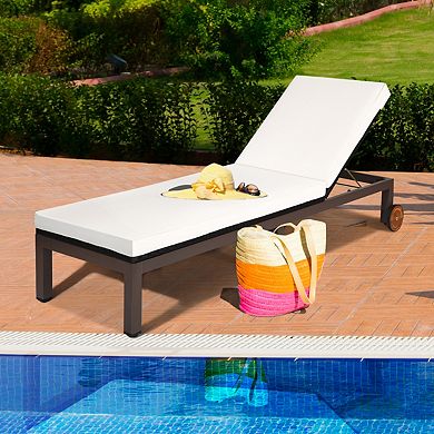 Costway Patio Rattan Lounge Chair Chaise Recliner Back Adjustable Cushioned W/Wheels