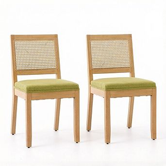 Aoolive 2 pc Farmhouse Upholstered Dining Chairs, Rattan Backrest Armless Kitchen Chairs