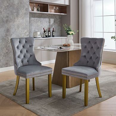 Aoolive Set of 2 Armless Chairs with Golden Pull Ring, Upholstered Dining Chairs with Nailhead Trim