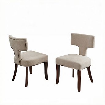 Aoolive Set of 2 Linen Dining Chairs with T-Shaped Backrest, Accent Chairs with Nailhead Trim