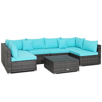 Costway 7 pc Patio Rattan Furniture Set Sectional Sofa Cushioned Garden