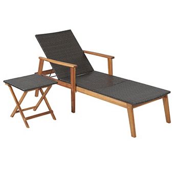 Costway 2PCS Patio Rattan Lounge Chair Chaise Recliner Wood Back Adjust W/Folding Table