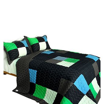 3 pc Cotton Color-Block Plaid Quilt Set Reversible Bedspread with Pillow Shams Twin Size