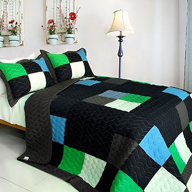 3 Piece Cotton Color-Block Plaid Quilt Set Reversible Bedspread with Pillow Shams Twin Size