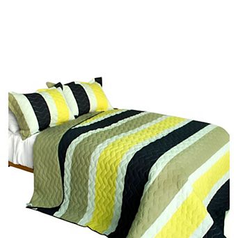 3 pc Cotton Bedspread Set Stripe Wave Quilt Horizontal Design Reversible Bedding with Pillow Shams