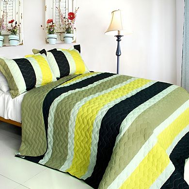 3Pc Cotton Bedspread Set Stripe Wave Quilt Horizontal Design Reversible Bedding with Pillow Shams