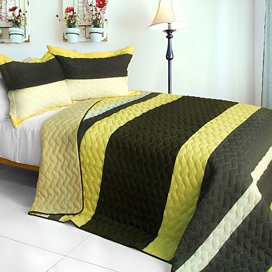 3 Piece Reversible Wave Stripe Quilt Set Patchwork Cotton Bedspread Set with Pillow Shams