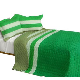 3 pc Patchwork Quilt Set Cotton Bedding Horizontal Stripe Wave Reversible Bedspread Set with Shams
