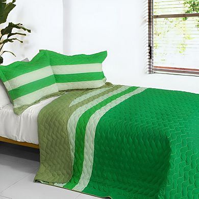 3pc Patchwork Quilt Set Cotton Bedding Horizontal Stripe Wave Reversible Bedspread Set with Shams