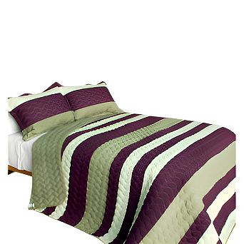 3 pc Cotton Horizontal Stripe Wave Patchwork Quilt Set Reversible Bedspread with Pillow Shams