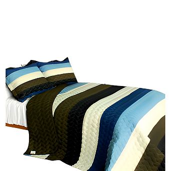 3 pc Patchwork Quilt Set Cotton Bedding Color Stripe Wave Reversible Bedspread Set with Shams