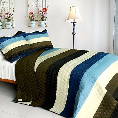 3 Piece Patchwork Quilt Set Cotton Bedding Color Stripe Wave Reversible Bedspread Set with Shams
