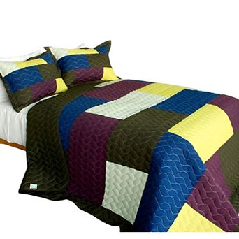 3 pc Patchwork Quilt Set Cotton Bedding Color-Block Reversible Bedspread Set with Shams