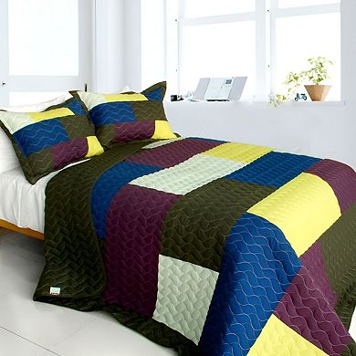 3 Piece Patchwork Quilt Set Cotton Bedding Color-Block Reversible Bedspread Set with Shams