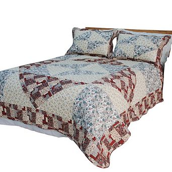 3 pc Cotton Quilt Set Reversible Floral Patchwork Design with Pillow Sham Vermicelli Stitching