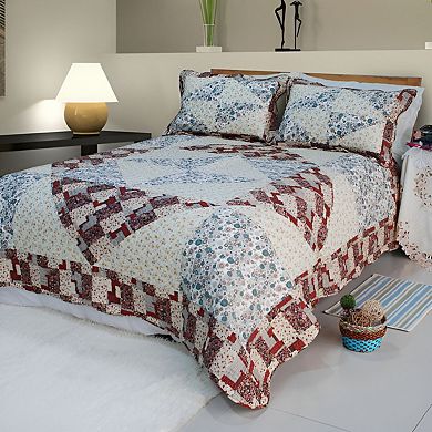 3 Piece Cotton Quilt Set Reversible Floral Patchwork Design with Pillow Sham Vermicelli Stitching