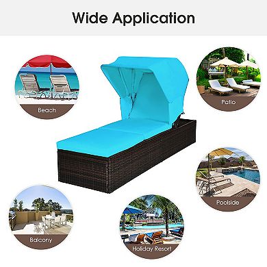 Costway 2PCS Patio Rattan Lounge Chair Chaise Cushion Canopy Adjustable Tea Table