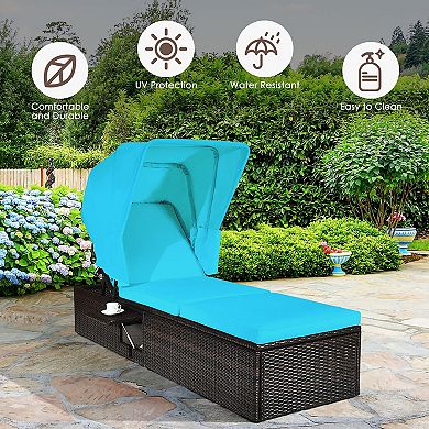 Costway 2PCS Patio Rattan Lounge Chair Chaise Cushion Canopy Adjustable Tea Table