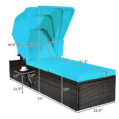 Costway 2PCS Patio Rattan Lounge Chair Chaise Cushion Canopy Adjustable Tea Table