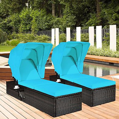 Costway 2PCS Patio Rattan Lounge Chair Chaise Cushion Canopy Adjustable Tea Table