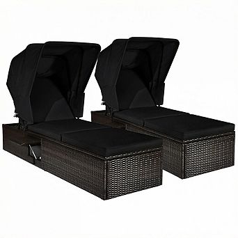 Costway 2 pc Patio Rattan Lounge Chair Chaise Cushion Canopy Adjustable Tea Table