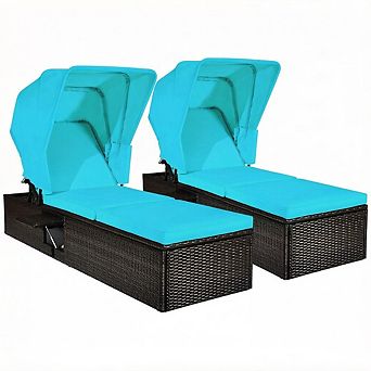 Costway 2 pc Patio Rattan Lounge Chair Chaise Cushion Canopy Adjustable Tea Table