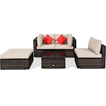 Costway 5 pc Outdoor Patio Rattan Furniture Set Sectional Conversation W/ Cushion
