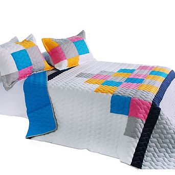 3 pc Cotton Quilt Set Reversible Wave Patchwork Design Bedding with Pillow Shams Vermicelli Stitching