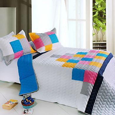 3Pc Cotton Quilt Set Reversible Wave Patchwork Design Bedding with Pillow Shams Vermicelli Stitching