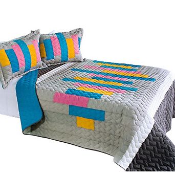 3 pc Reversible Cotton Quilt Bedding Set Wave Patchwork Design with Vermicelli Quilted Bedspread