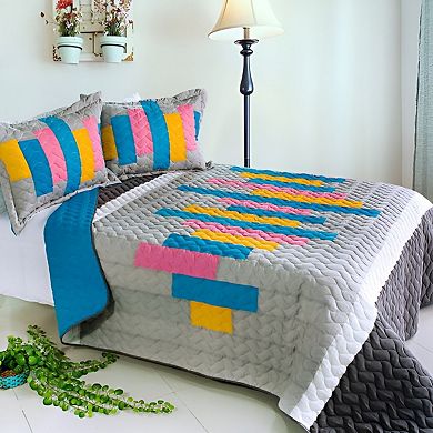 3 Piece Reversible Cotton Quilt Bedding Set Wave Patchwork Design with Vermicelli Quilted Bedspread