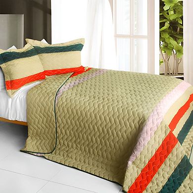 3 pc Cotton Wave Design Patchwork Quilt Set Reversible Bedspread with Pillow Shams
