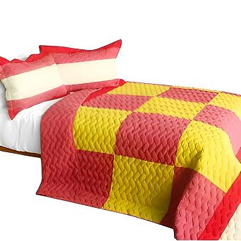 3 pc Cotton Color-Block Patchwork Quilt Set Reversible Bedspread with Pillow Shams