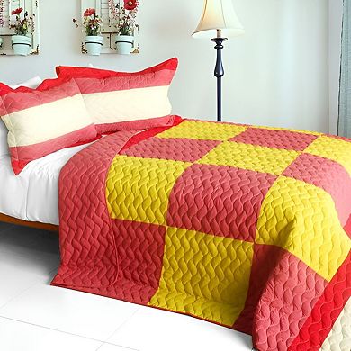 3 Piece Cotton Color-Block Patchwork Quilt Set Reversible Bedspread with Pillow Shams