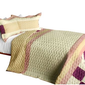 3 pc Reversible Wave Stripe Quilt Set Patchwork Cotton Bedspread Set with Pillow Shams