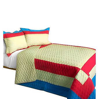 3 pc Cotton Patchwork Quilt Set Reversible Geometric Coverlet with Pillow Shams