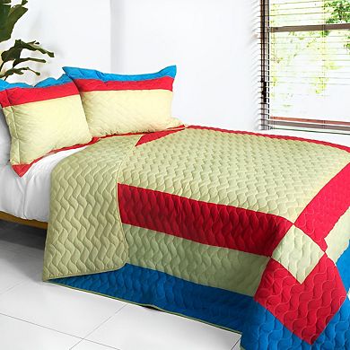 3 Piece Cotton Patchwork Quilt Set Reversible Geometric Coverlet with Pillow Shams
