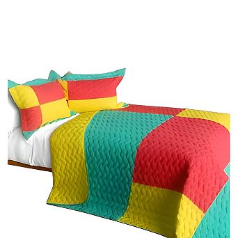 3 pc Patchwork Quilt Set Cotton Bedding Color Block Reversible Bedspread Set with Shams