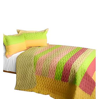 3 pc Cotton Color Stripe Wave Patchwork Quilt Set Reversible Bedspread with Pillow Shams