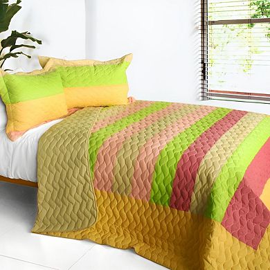 3 Piece Cotton Color Stripe Wave Patchwork Quilt Set Reversible Bedspread with Pillow Shams