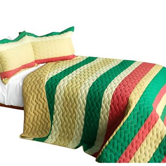 3 pc Reversible Cotton Quilt Set Horizontal Stripe Wave Design Bedspread Set with Shams