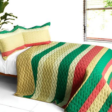 3 pc Reversible Cotton Quilt Set Horizontal Stripe Wave Design Bedspread Set with Shams