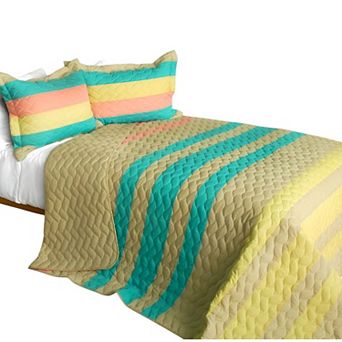 3 pc Reversible Cotton Quilt Set Wave Stripe Design Bedspread Set with Shams
